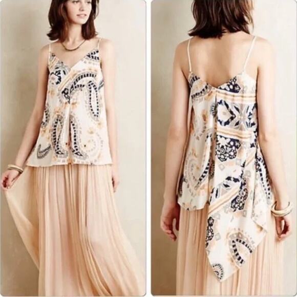 Anthropologie HD in Paris Silk Moonset Asymmetric Tank Paisley Cream Orange, 4 - Picture 2 of 10